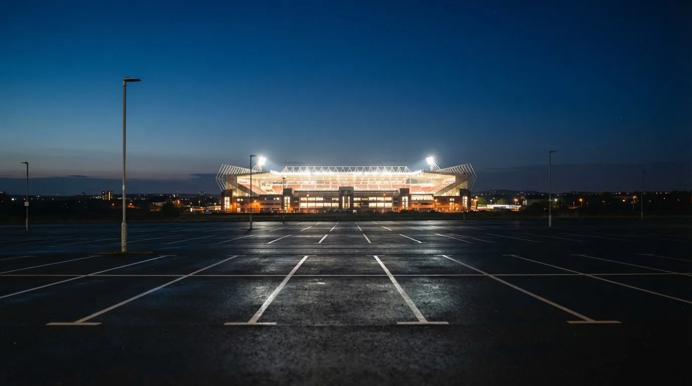 Ein Stadion unter Flutlicht aus großer Entfernung bei Einbruch der Dunkelheit, davor ein stiller Parkplatz.