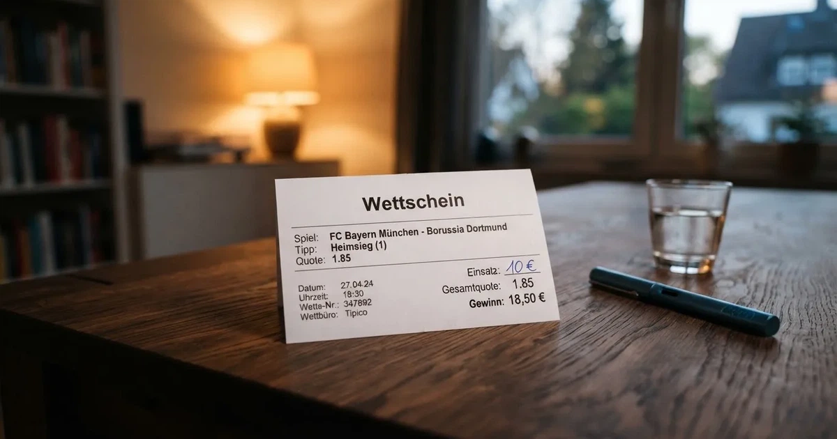 Ein leerer Papier-Wettschein liegt zusammen mit einem Kugelschreiber auf einem Tisch, daneben ein Glas Wasser.