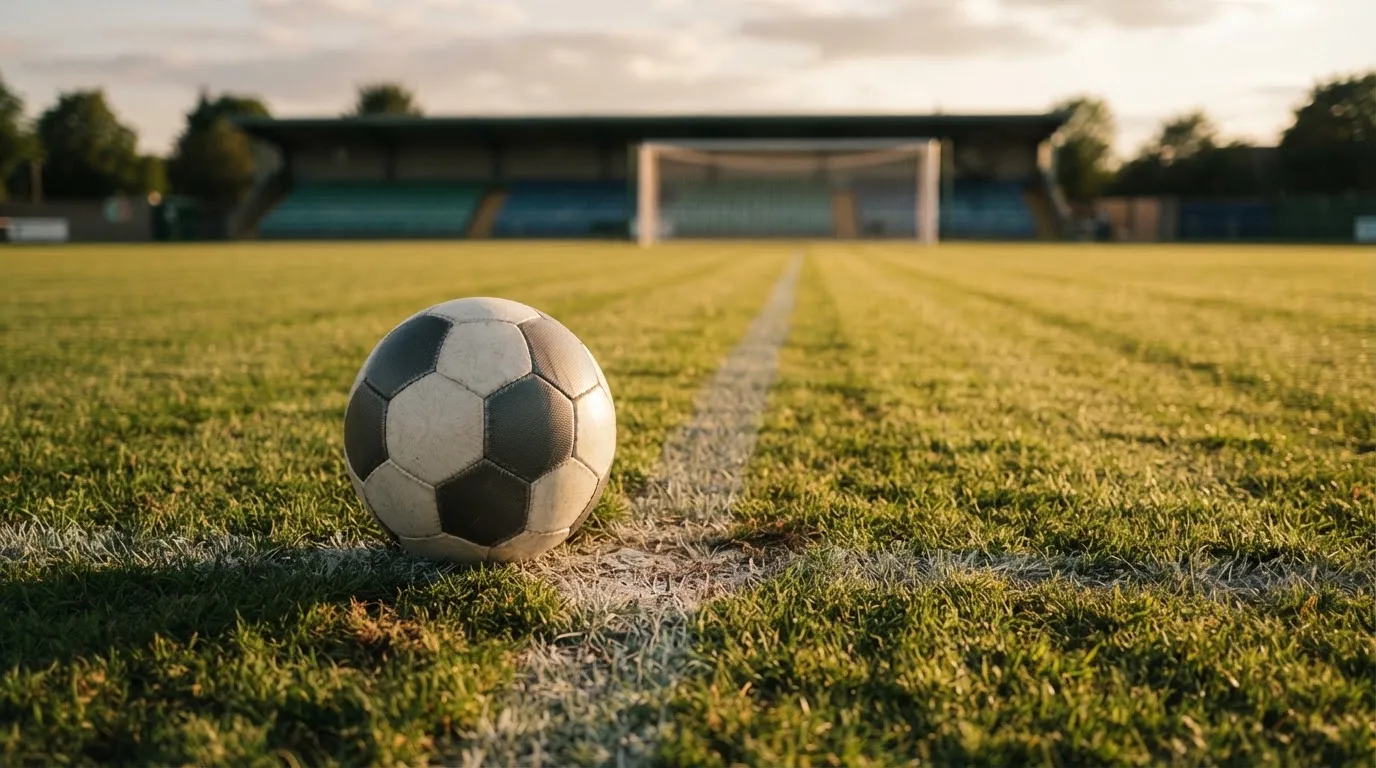Ein Fußball liegt auf dem Elfmeterpunkt eines leeren Platzes im Abendlicht.