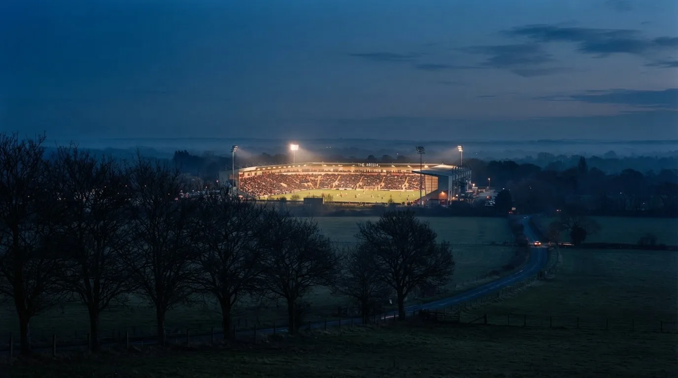 Ein Stadion unter Flutlicht, aus großer Entfernung gesehen, davor eine Reihe kahler Bäume im Dämmerlicht.