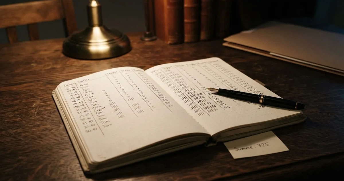 Ein Notizbuch mit handschriftlichen Zahlenreihen und Strichlisten liegt neben einem Taschenrechner auf einem Schreibtisch.
