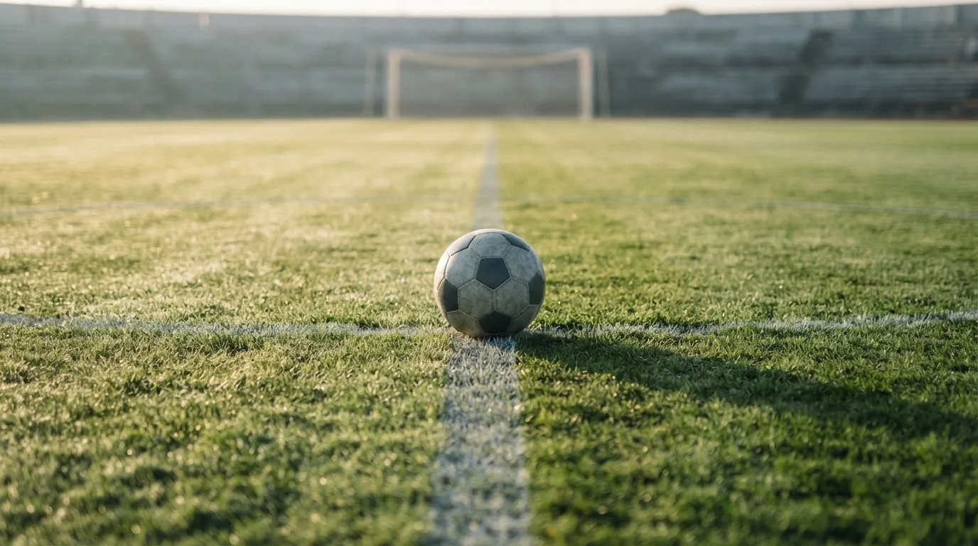 Ein Fußball auf dem Mittelkreis eines leeren Rasenplatzes im frühen Morgenlicht.