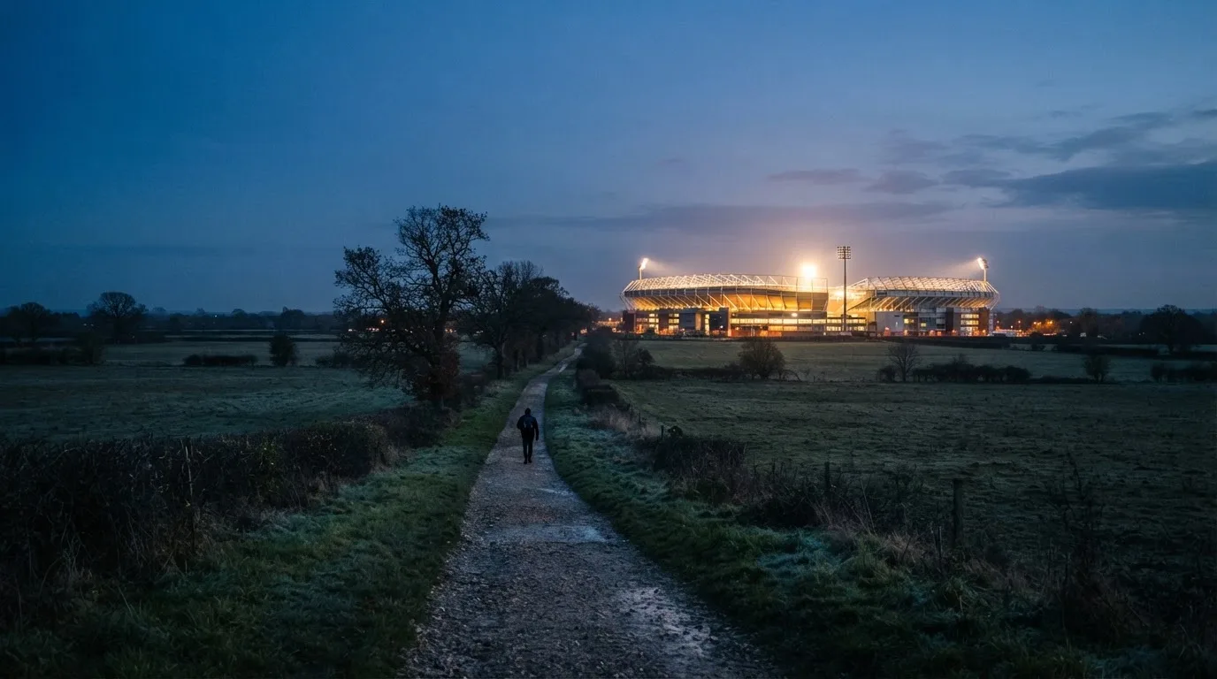 Ein beleuchtetes Stadion aus großer Distanz am Abend, im Vordergrund ein Feldweg.