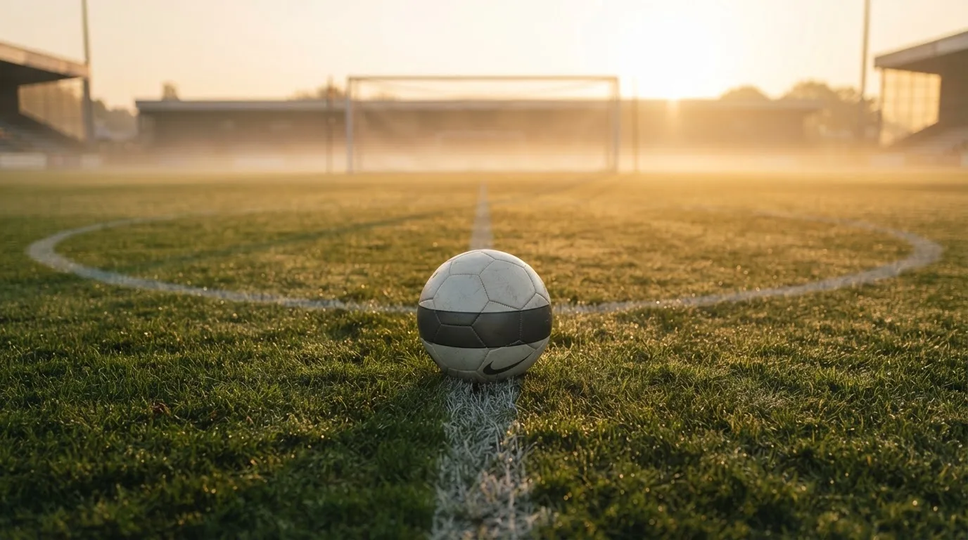 Ein Fußball liegt am Rand des Mittelkreises auf einem leeren Rasenplatz bei Sonnenaufgang.