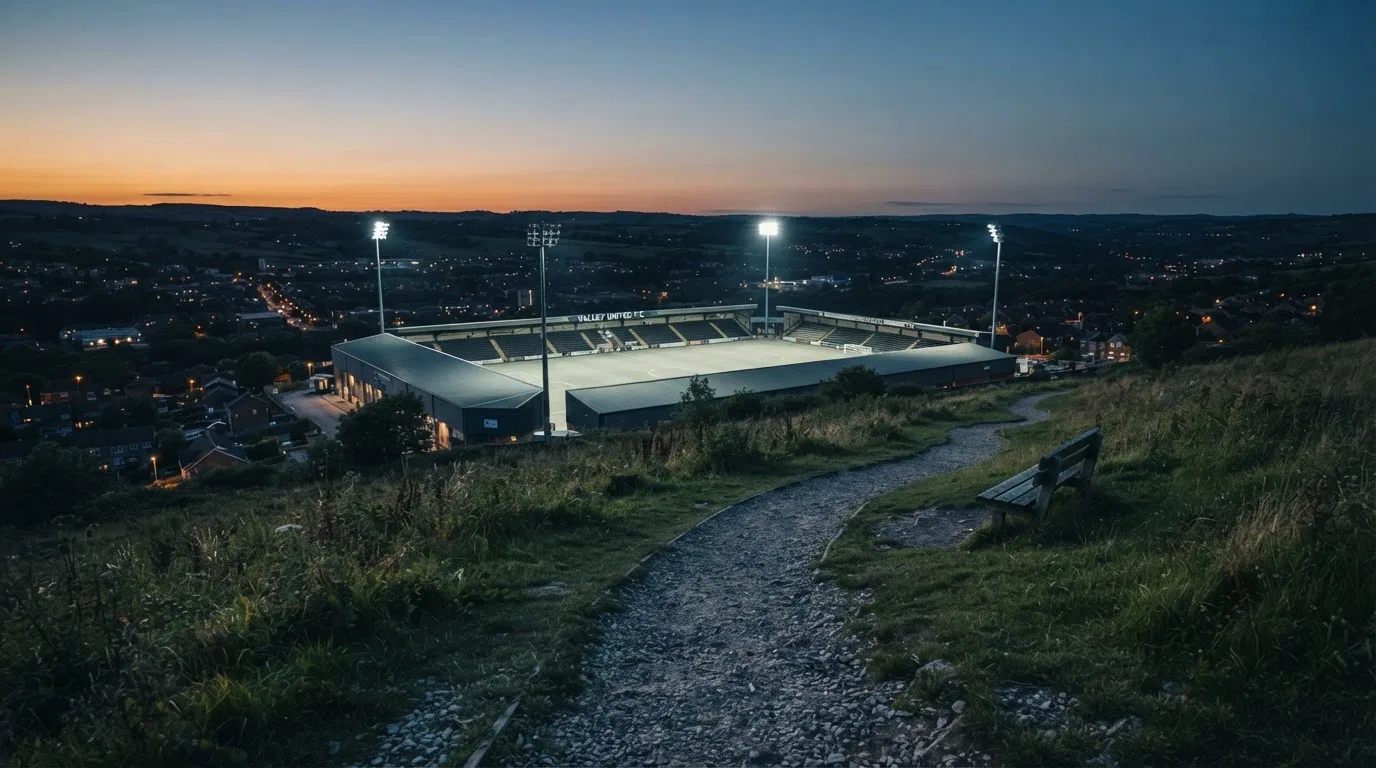 Ein Stadion unter Flutlicht, von einer Anhöhe aus gesehen, davor ein stiller Weg in der Dämmerung.