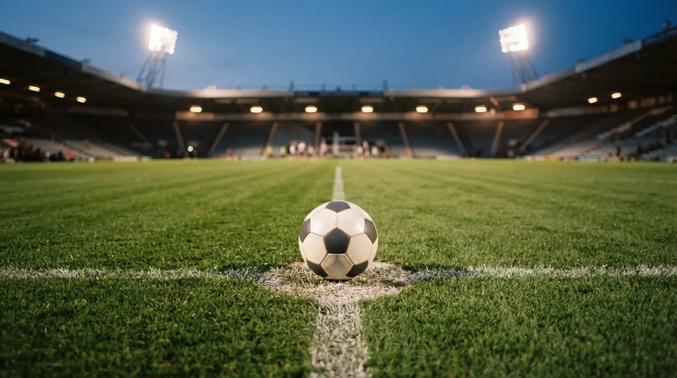 Ein Fußball liegt auf dem Anstoßpunkt eines leeren Rasenplatzes, im Hintergrund ein Stadion unter Flutlicht in der Abenddämmerung.