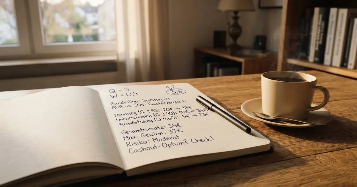 Ein Notizbuch mit handschriftlichen Rechnungen und ein Taschenrechner liegen auf einem Schreibtisch neben einer Tasse Kaffee im Licht des frühen Morgens.