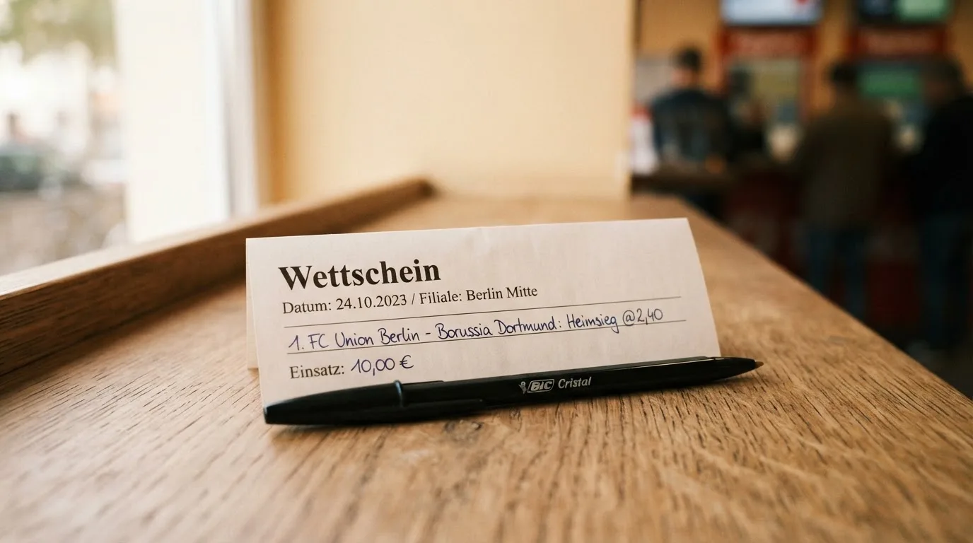 Ein leerer Wettschein aus Papier liegt neben einem Stift auf einer hölzernen Theke, weiches Licht fällt von der Seite ein.