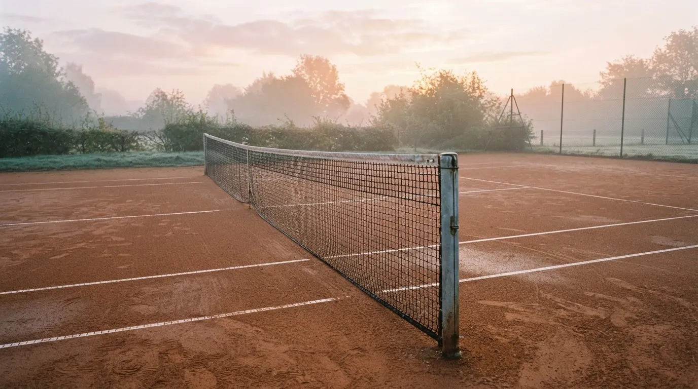Ein Tennisplatz im Morgengrauen, das Netz und die Linien liegen im Tau, im Hintergrund leichter Nebel und kein Mensch zu sehen.