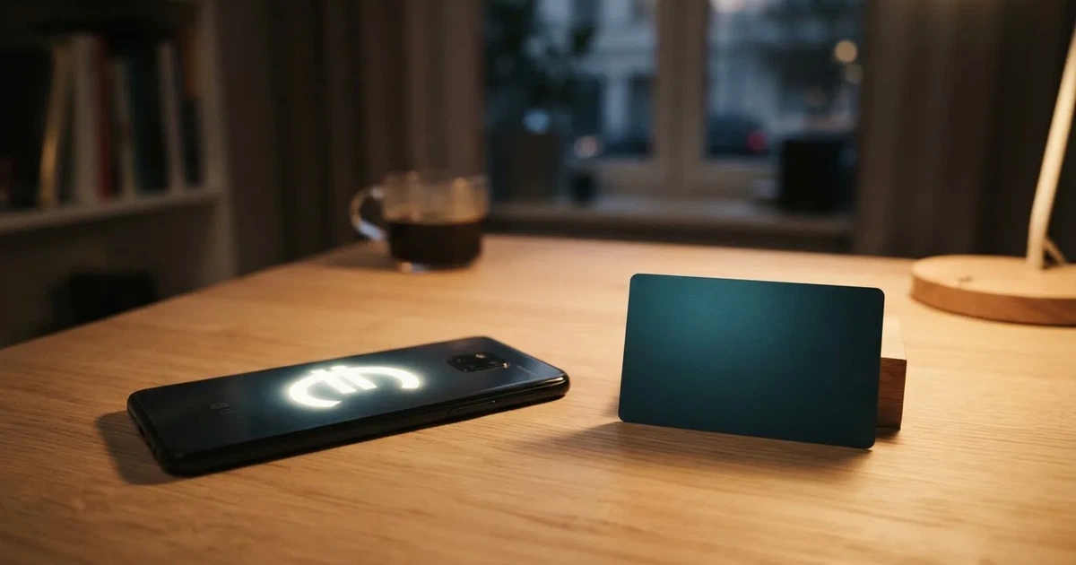 Ein Smartphone mit dunklem Display liegt neben einer schlichten Plastikkarte ohne Aufdruck auf einem hellen Schreibtisch.