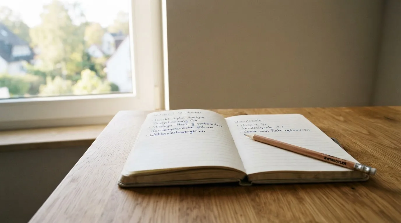 Ein Notizbuch mit handschriftlichen Notizen und ein Bleistift liegen auf einem Schreibtisch am Fenster, draußen fällt Morgenlicht herein.
