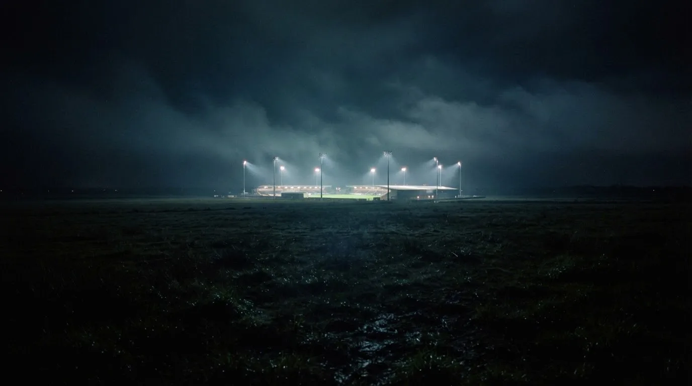 Ein Stadion unter Flutlicht, aus großer Entfernung über eine dunkle Wiese fotografiert, am Himmel zieht Nebel auf.