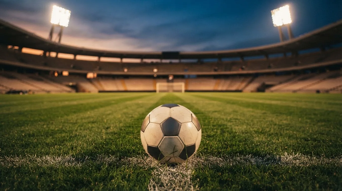 Ein Fußball liegt auf dem Anstoßpunkt eines leeren Rasenplatzes, im Hintergrund steht ein Stadion unter Flutlicht in der Dämmerung.
