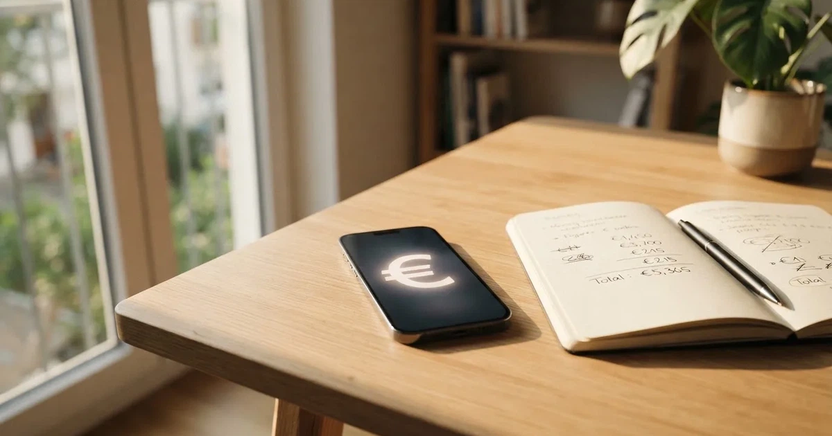 Ein Smartphone liegt neben einem Notizbuch und einem Kugelschreiber auf einem hellen Schreibtisch, das Display ist ausgeschaltet.