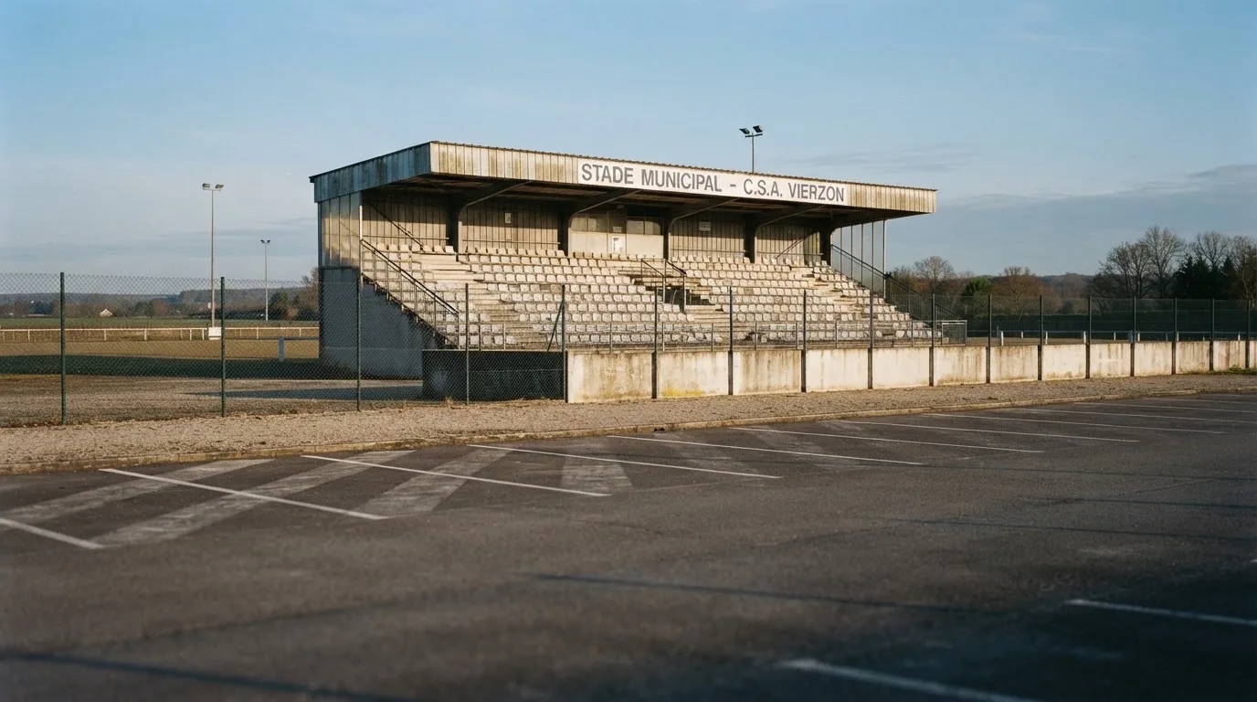 Eine leere Tribüne eines kleinen Stadions am frühen Morgen, aus der Ferne über einen menschenleeren Parkplatz fotografiert.