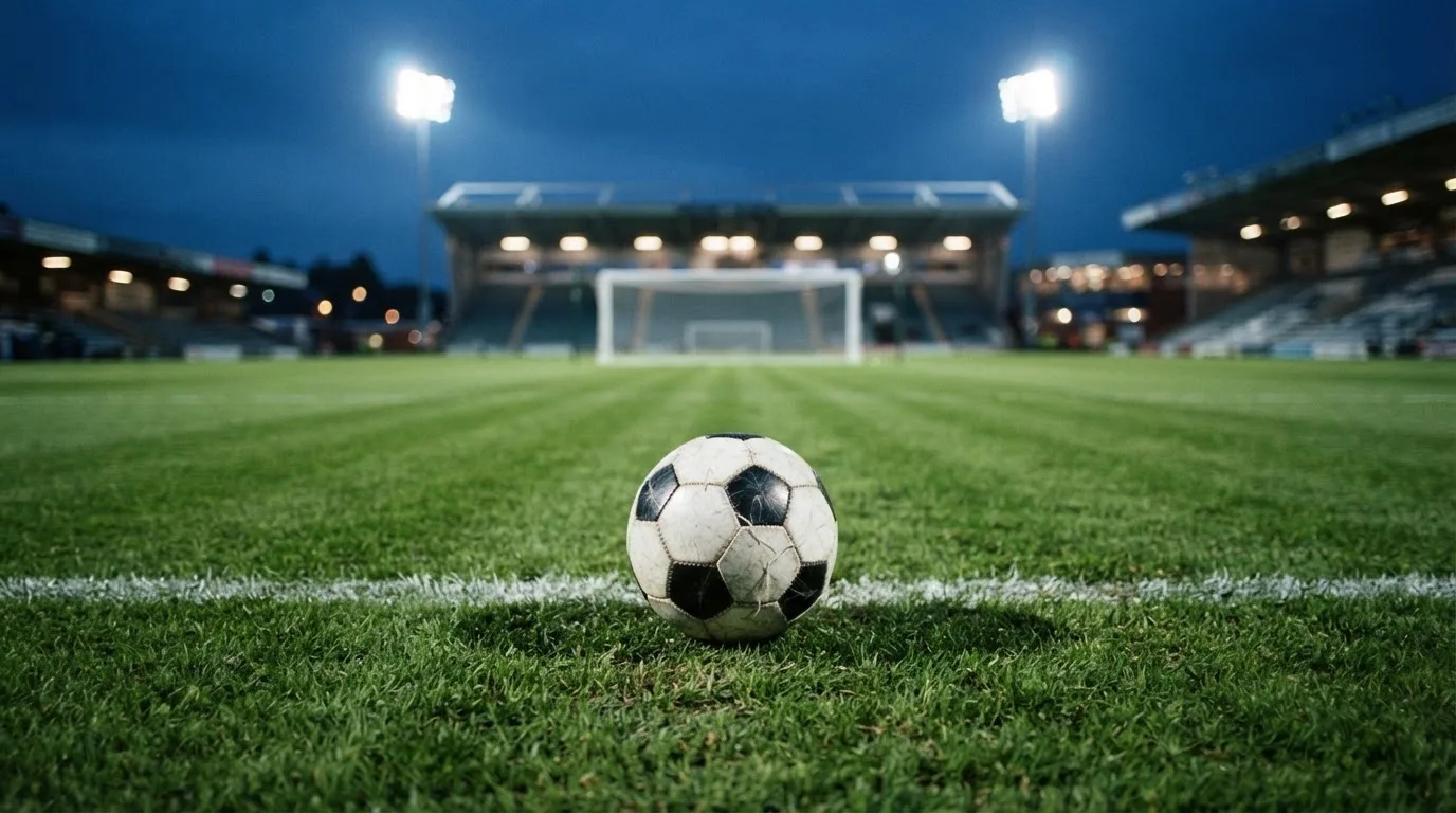 Ein Fußball liegt auf dem Rasen eines leeren Platzes, im Hintergrund ein Stadion unter Flutlicht in der Abenddämmerung.