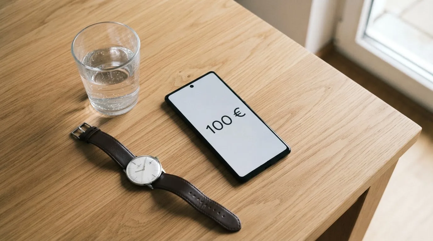 Ein Smartphone liegt mit dem Display nach unten auf einem Küchentisch, daneben stehen ein Glas Wasser und eine Armbanduhr.