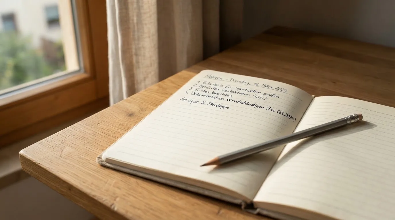 Ein Notizbuch mit handschriftlichen Notizen und ein Bleistift liegen auf einem Schreibtisch am Fenster, draußen fällt Morgenlicht herein.