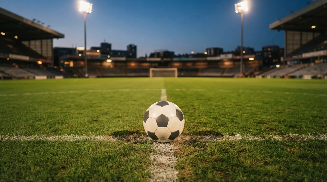 Ein Fußball liegt auf dem Anstoßpunkt eines leeren Rasenplatzes, im Hintergrund steht ein Stadion unter Flutlicht in der Dämmerung.