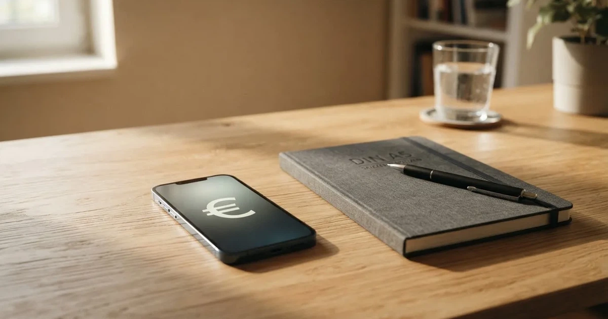 Ein Smartphone liegt neben einem Notizbuch und einem Kugelschreiber auf einem hellen Schreibtisch, das Display ist ausgeschaltet.