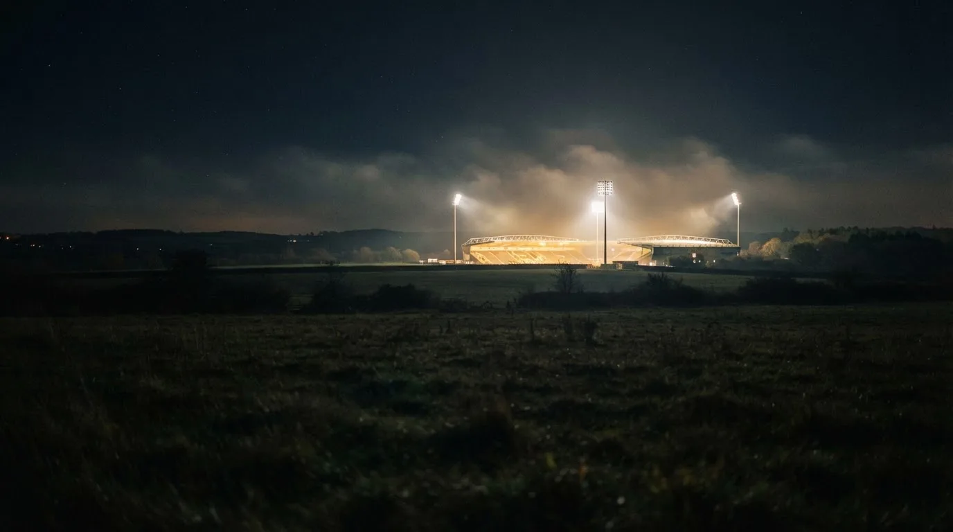 Ein Stadion unter Flutlicht, aus großer Entfernung über eine dunkle Wiese fotografiert, am Himmel zieht Nebel auf.