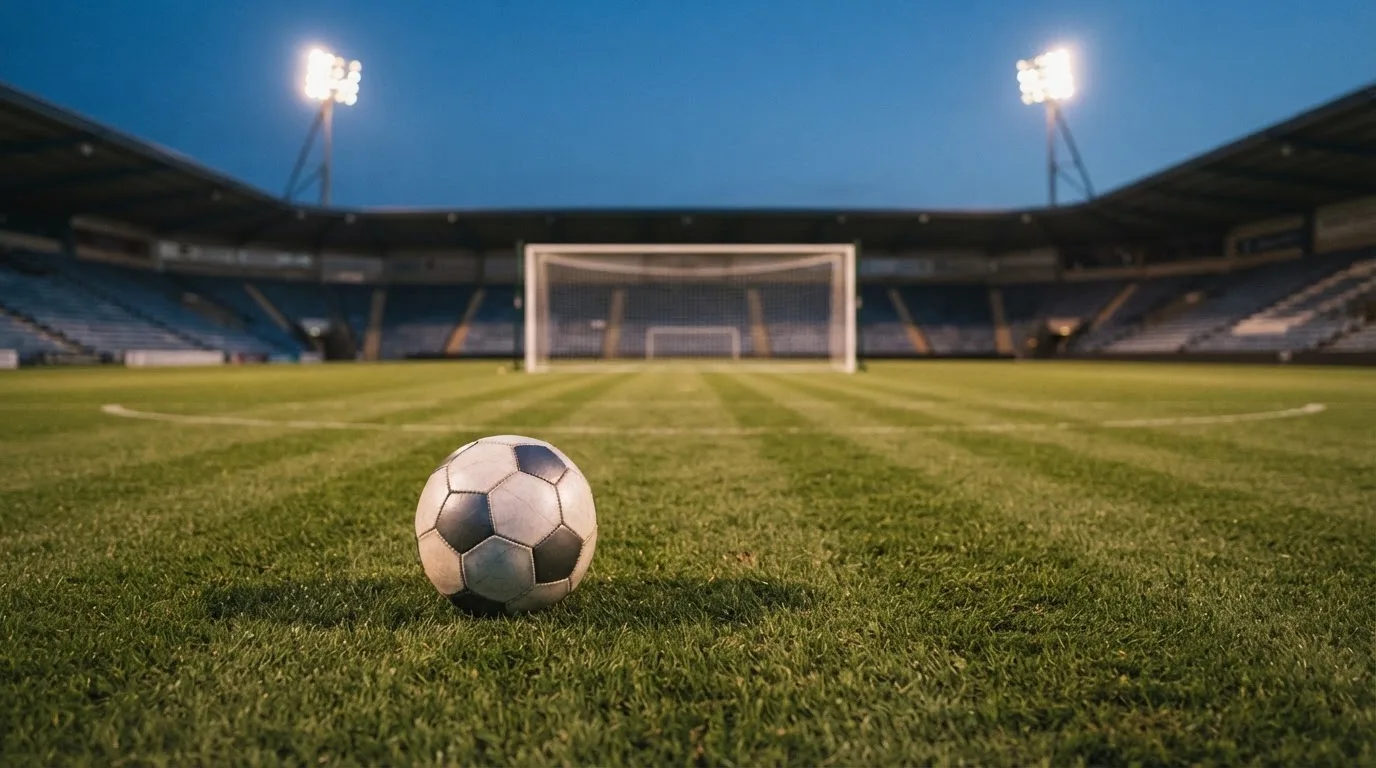 Ein Fußball liegt auf dem Rasen eines leeren Platzes, im Hintergrund ein Stadion unter Flutlicht in der Abenddämmerung.