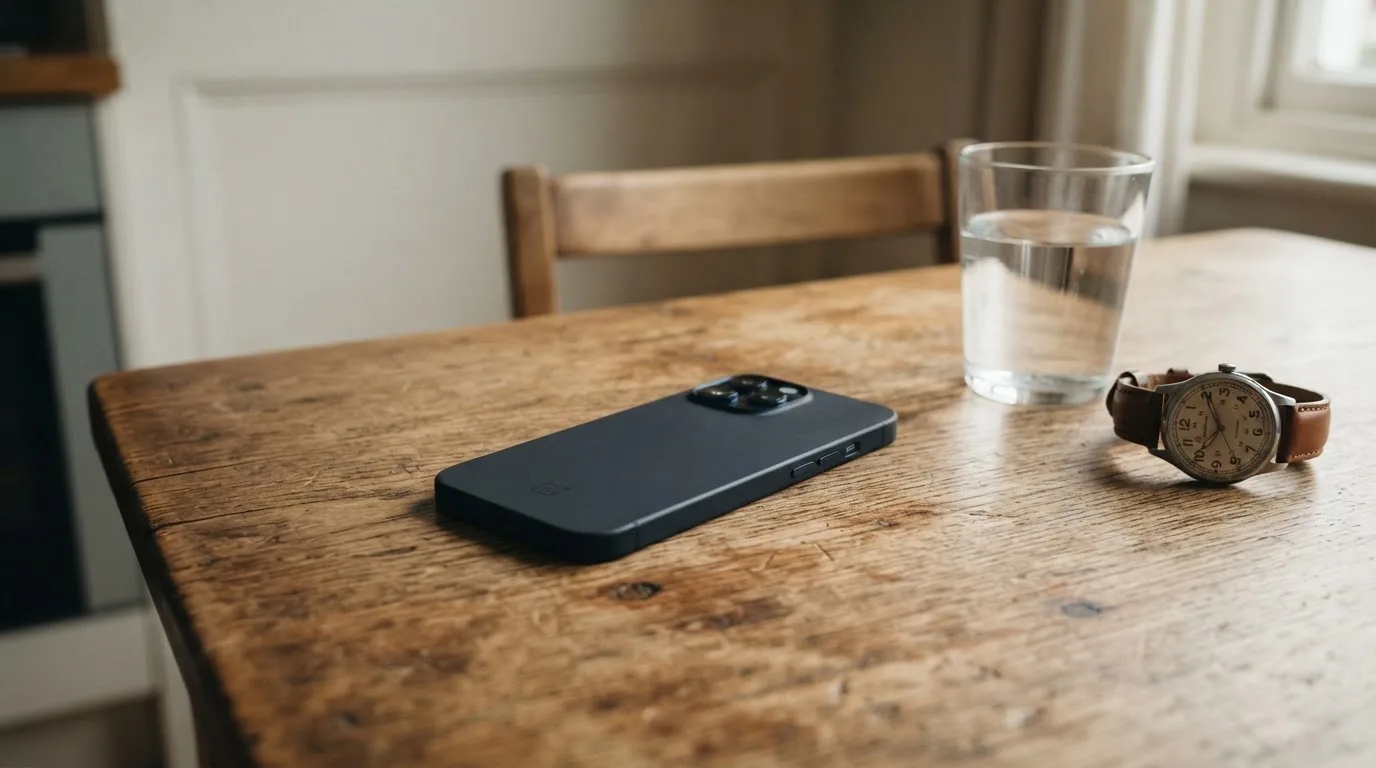 Ein Smartphone liegt mit dem Display nach unten auf einem Küchentisch, daneben stehen ein Glas Wasser und eine Armbanduhr.