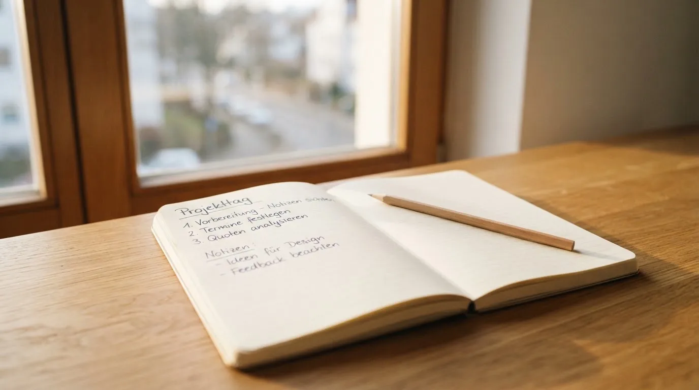 Ein Notizbuch mit handschriftlichen Notizen und ein Bleistift liegen auf einem Schreibtisch am Fenster, draußen fällt Morgenlicht herein.