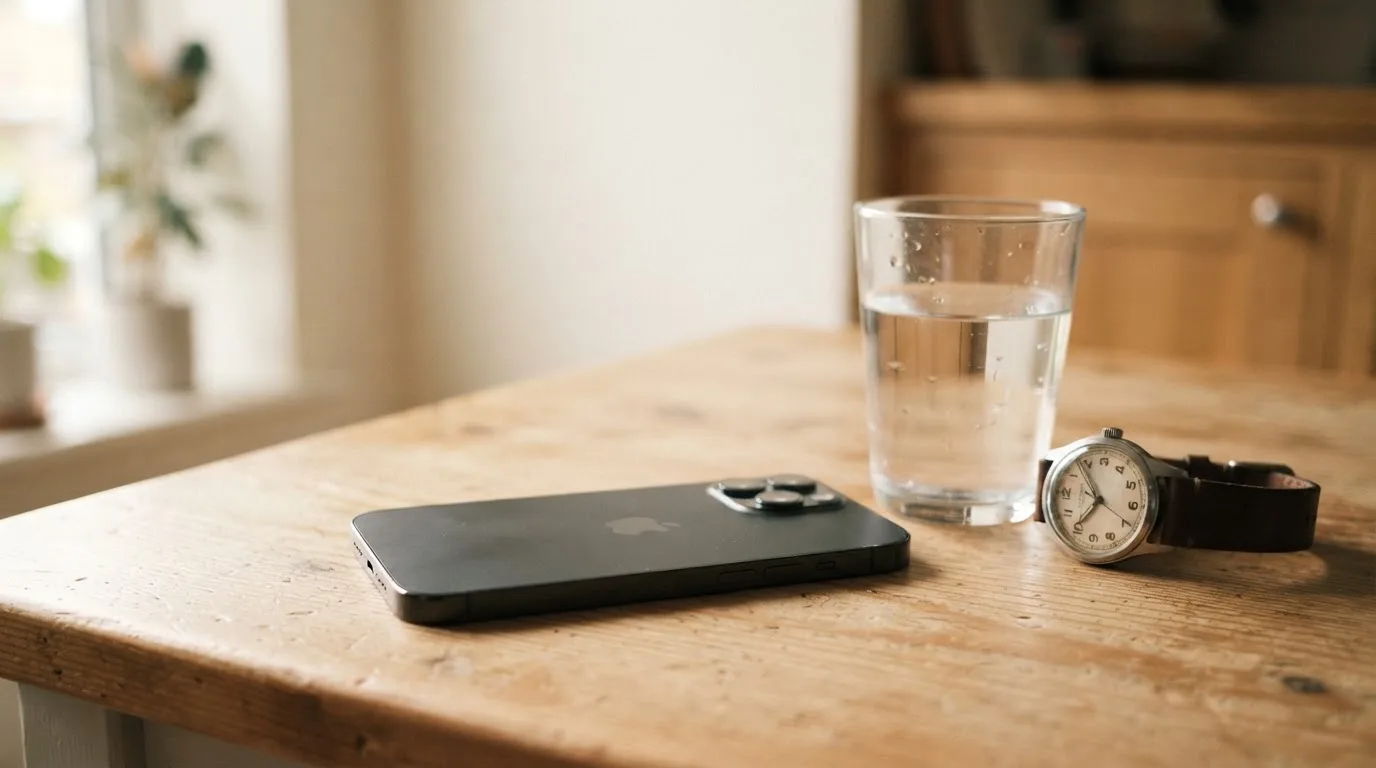 Ein Smartphone liegt mit dem Display nach unten auf einem Küchentisch, daneben stehen ein Glas Wasser und eine Armbanduhr.
