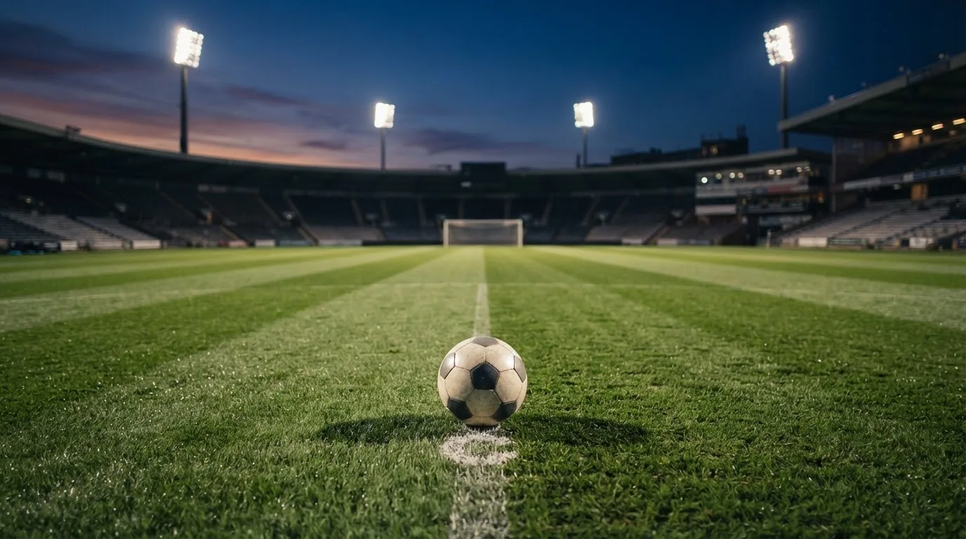 Ein Fußball liegt auf dem Anstoßpunkt eines leeren Rasenplatzes, im Hintergrund steht ein Stadion unter Flutlicht in der Dämmerung.