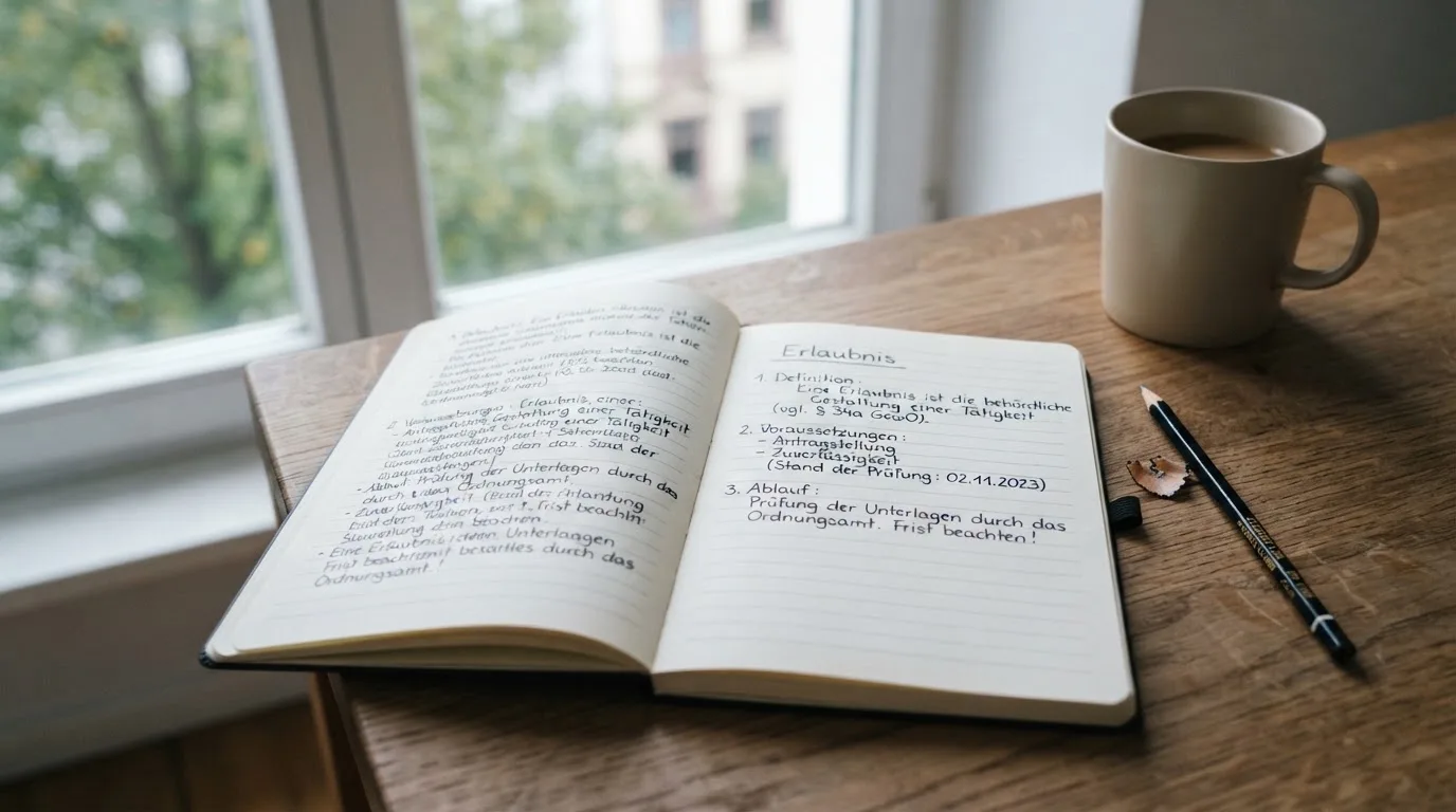 Ein Notizbuch mit handschriftlichen Notizen und ein Bleistift liegen auf einem Schreibtisch am Fenster, draußen fällt Morgenlicht herein.