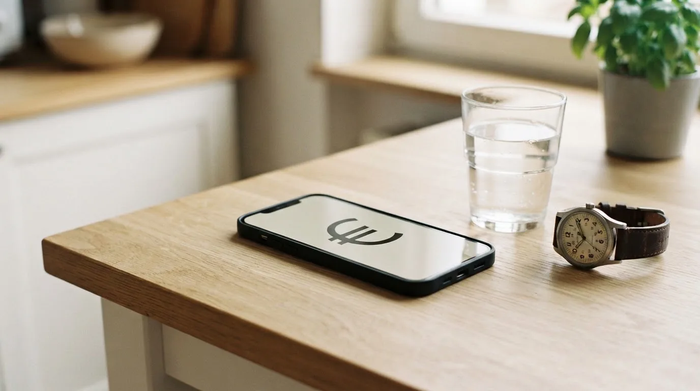 Ein Smartphone liegt mit dem Display nach unten auf einem Küchentisch, daneben stehen ein Glas Wasser und eine Armbanduhr.