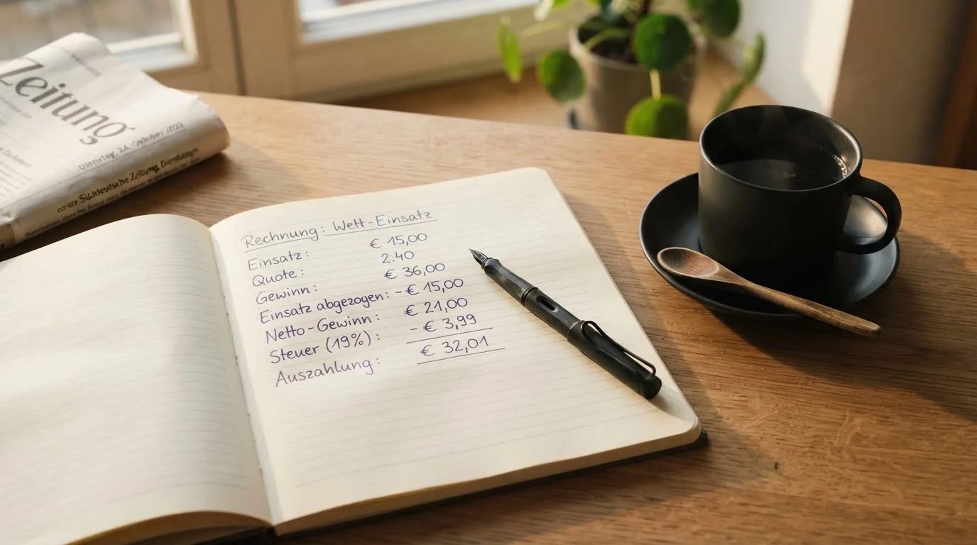 Ein Notizbuch mit handschriftlichen Rechnungen und ein Taschenrechner liegen auf einem Schreibtisch neben einer Tasse Kaffee im Licht des frühen Morgens.
