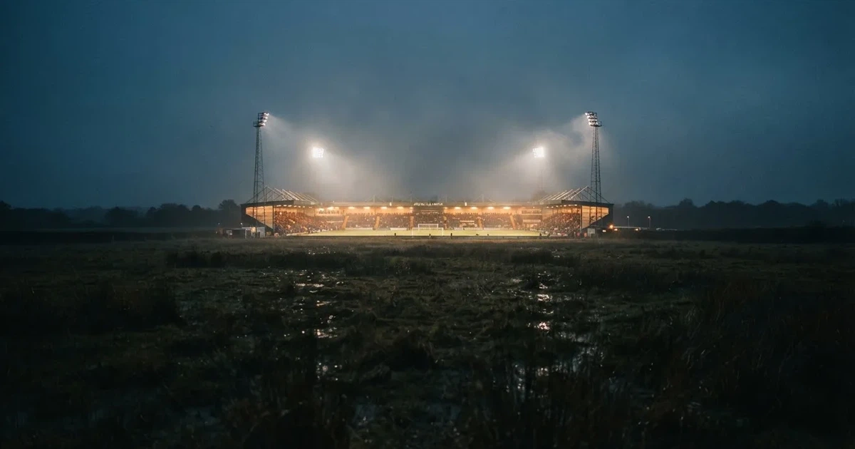 Ein Stadion unter Flutlicht, aus großer Entfernung über eine dunkle Wiese fotografiert, am Himmel zieht Nebel auf.