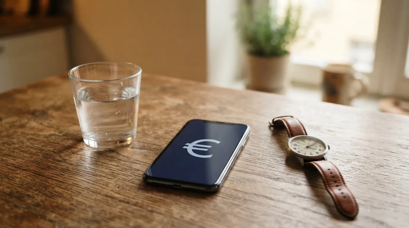 Ein Smartphone liegt mit dem Display nach unten auf einem Küchentisch, daneben stehen ein Glas Wasser und eine Armbanduhr.
