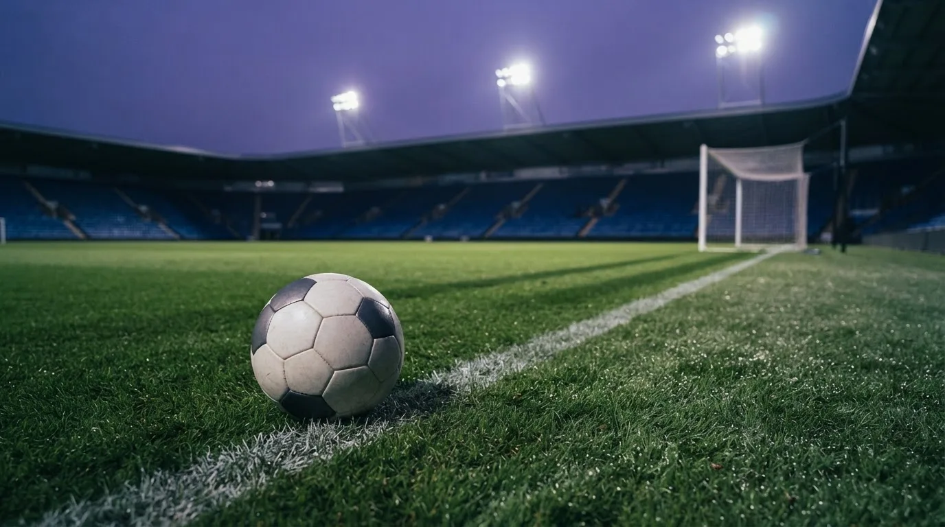 Ein Fußball liegt auf dem Rasen eines leeren Platzes, im Hintergrund ein Stadion unter Flutlicht in der Abenddämmerung.