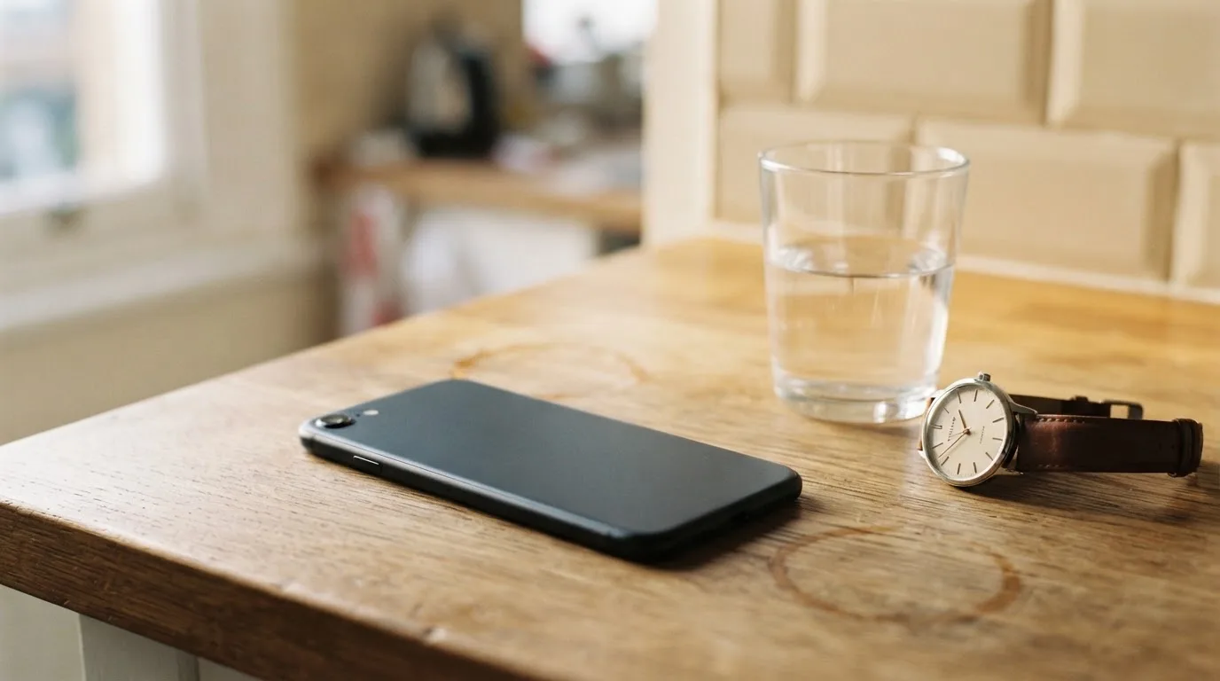 Ein Smartphone liegt mit dem Display nach unten auf einem Küchentisch, daneben stehen ein Glas Wasser und eine Armbanduhr.