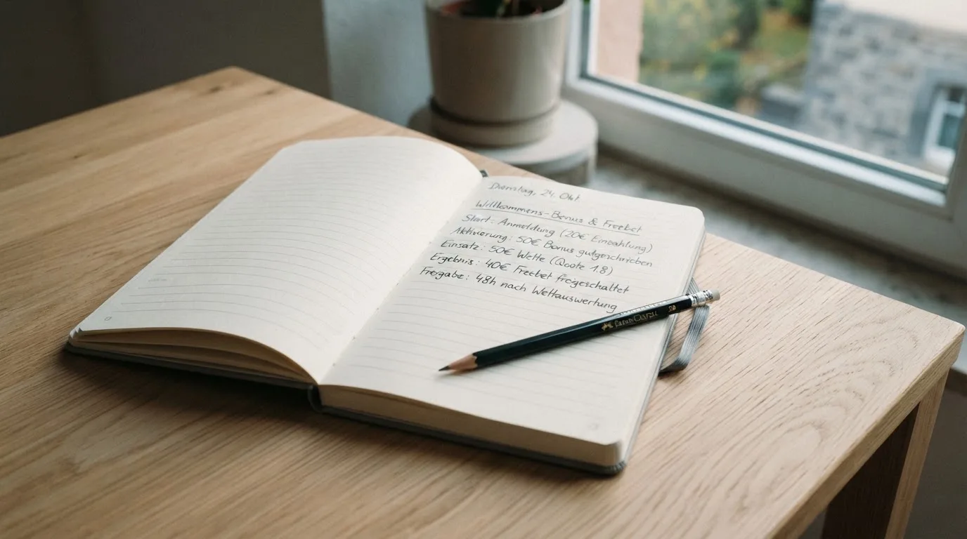 Ein Notizbuch mit handschriftlichen Notizen und ein Bleistift liegen auf einem Schreibtisch am Fenster, draußen fällt Morgenlicht herein.