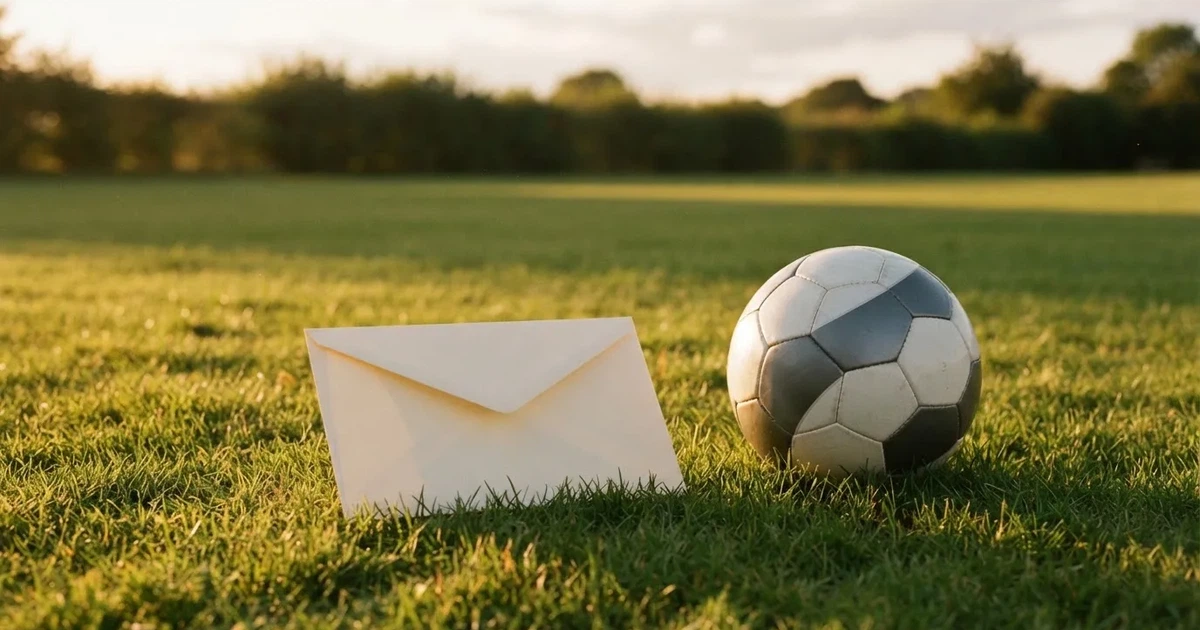 Ein verschlossener leerer Briefumschlag liegt neben einem Fußball auf grünem Rasen im warmen Licht des Nachmittags.