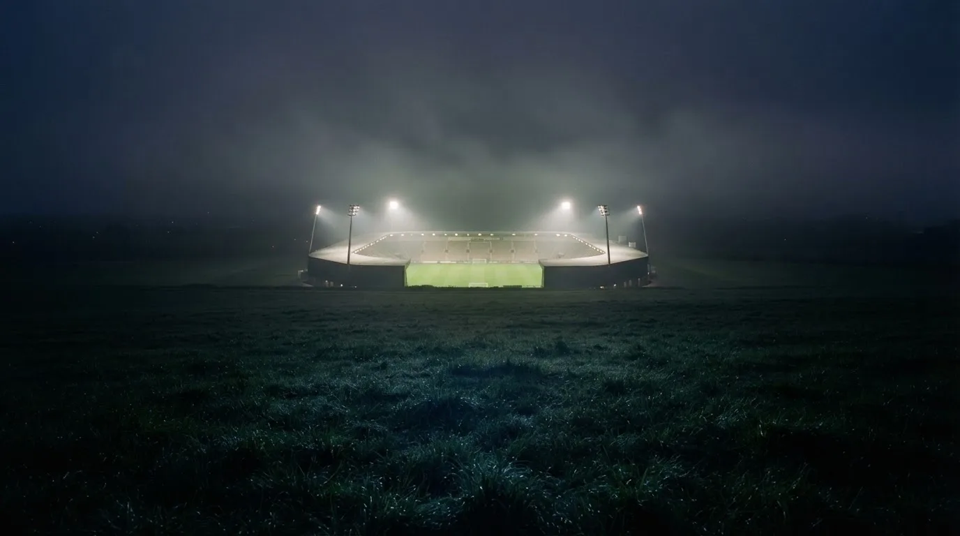 Ein Stadion unter Flutlicht, aus großer Entfernung über eine dunkle Wiese fotografiert, am Himmel zieht Nebel auf.