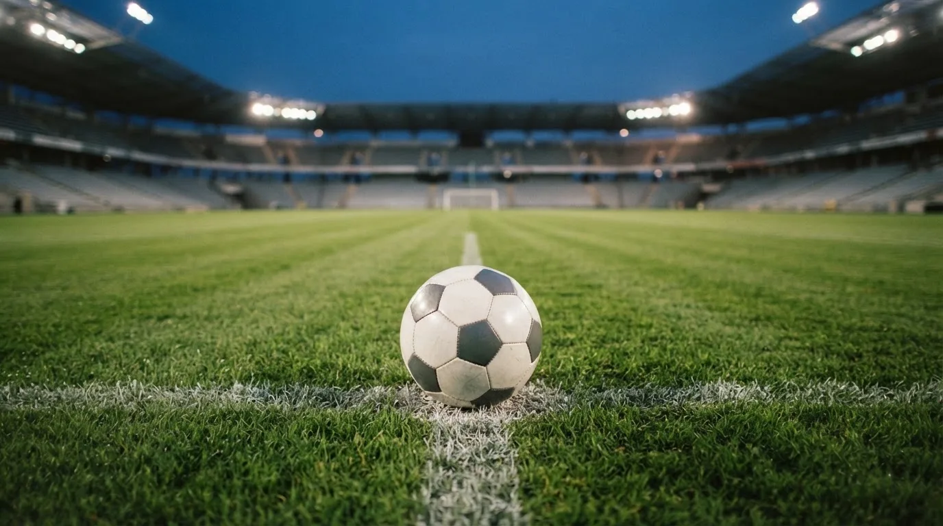 Ein Fußball liegt auf dem Anstoßpunkt eines leeren Rasenplatzes, im Hintergrund steht ein Stadion unter Flutlicht in der Dämmerung.