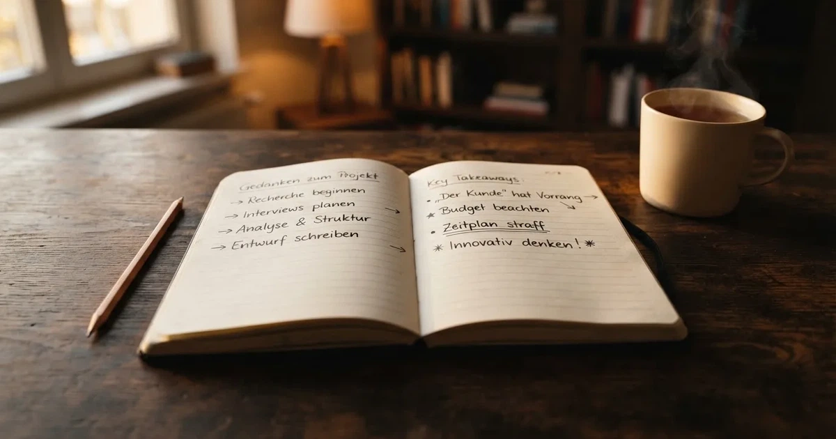 Ein Notizbuch mit handschriftlichen Notizen und Pfeilen liegt aufgeschlagen auf einem Schreibtisch, daneben ein Bleistift und eine Tasse Tee.