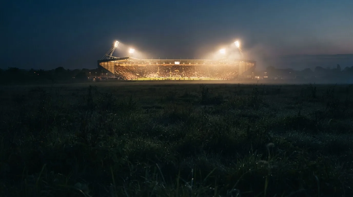 Ein Stadion unter Flutlicht, aus großer Entfernung über eine dunkle Wiese fotografiert, am Himmel zieht Nebel auf.