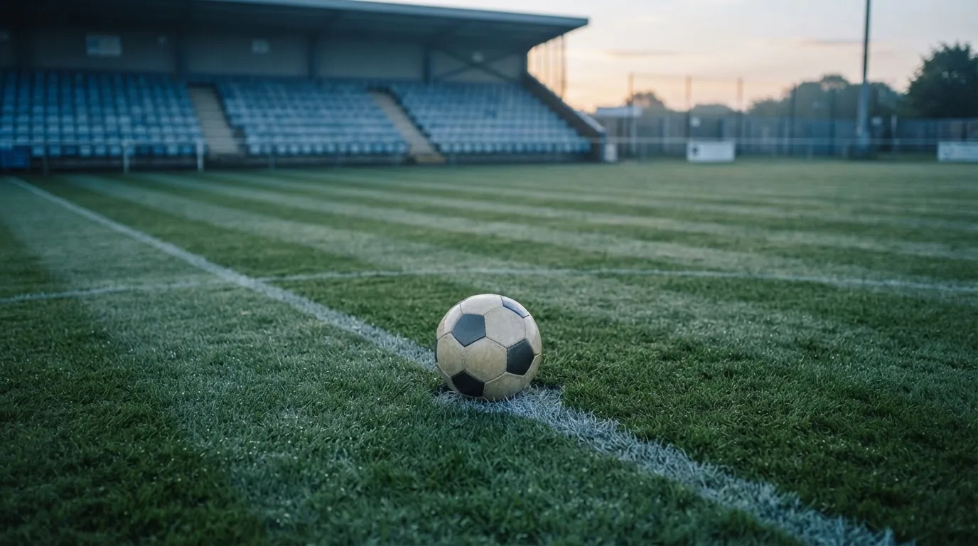 Ein Fußball liegt auf dem Anstoßpunkt eines leeren Rasenplatzes in der Morgendämmerung, im Hintergrund eine leere Tribüne.