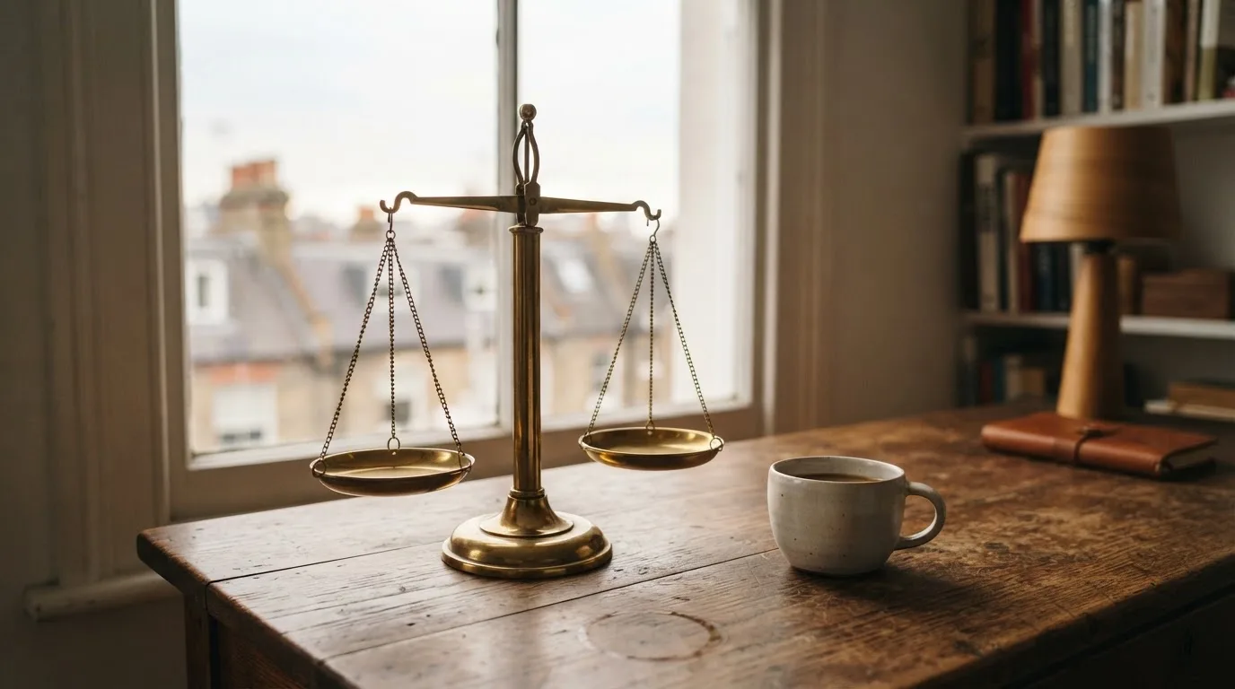 Eine Messingwaage steht auf einem dunklen Holzschreibtisch neben einer Kaffeetasse, im Hintergrund ein Fenster mit Blick auf Dächer.