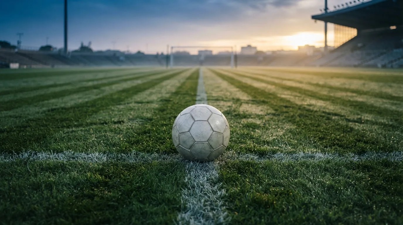 Ein Fußball ruht auf dem Mittelkreis eines leeren Rasenplatzes in der Morgendämmerung, Tau liegt auf dem Gras.
