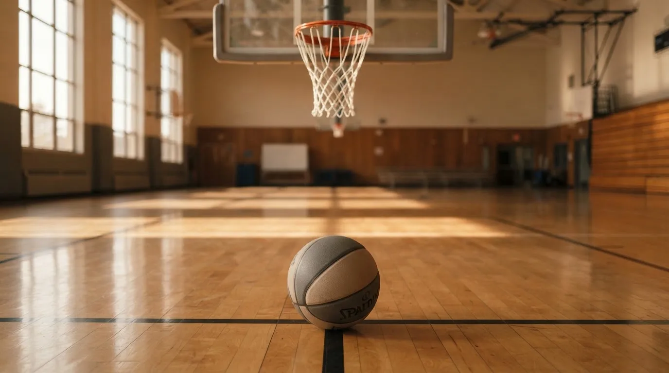 Ein Basketball liegt auf dem Hallenboden unter einem Korb, das Netz hängt ruhig, Morgenlicht fällt durch hohe Fenster.