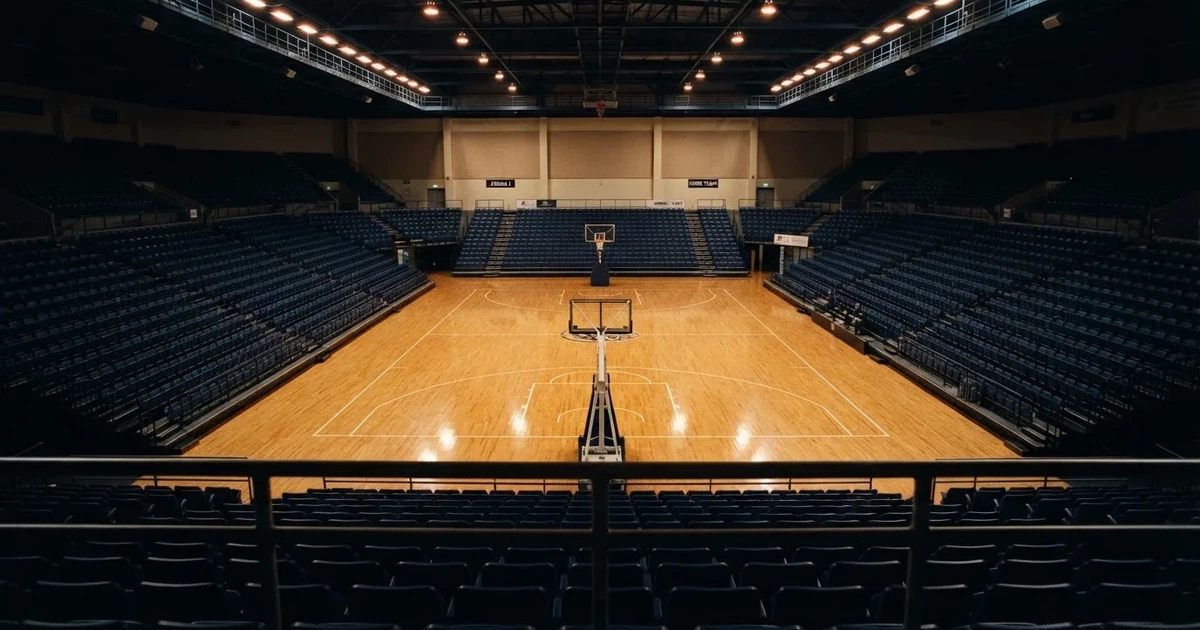 Eine leere Basketballhalle von einer oberen Tribünenreihe aus gesehen, Parkett und Körbe im Licht der Hallenstrahler.