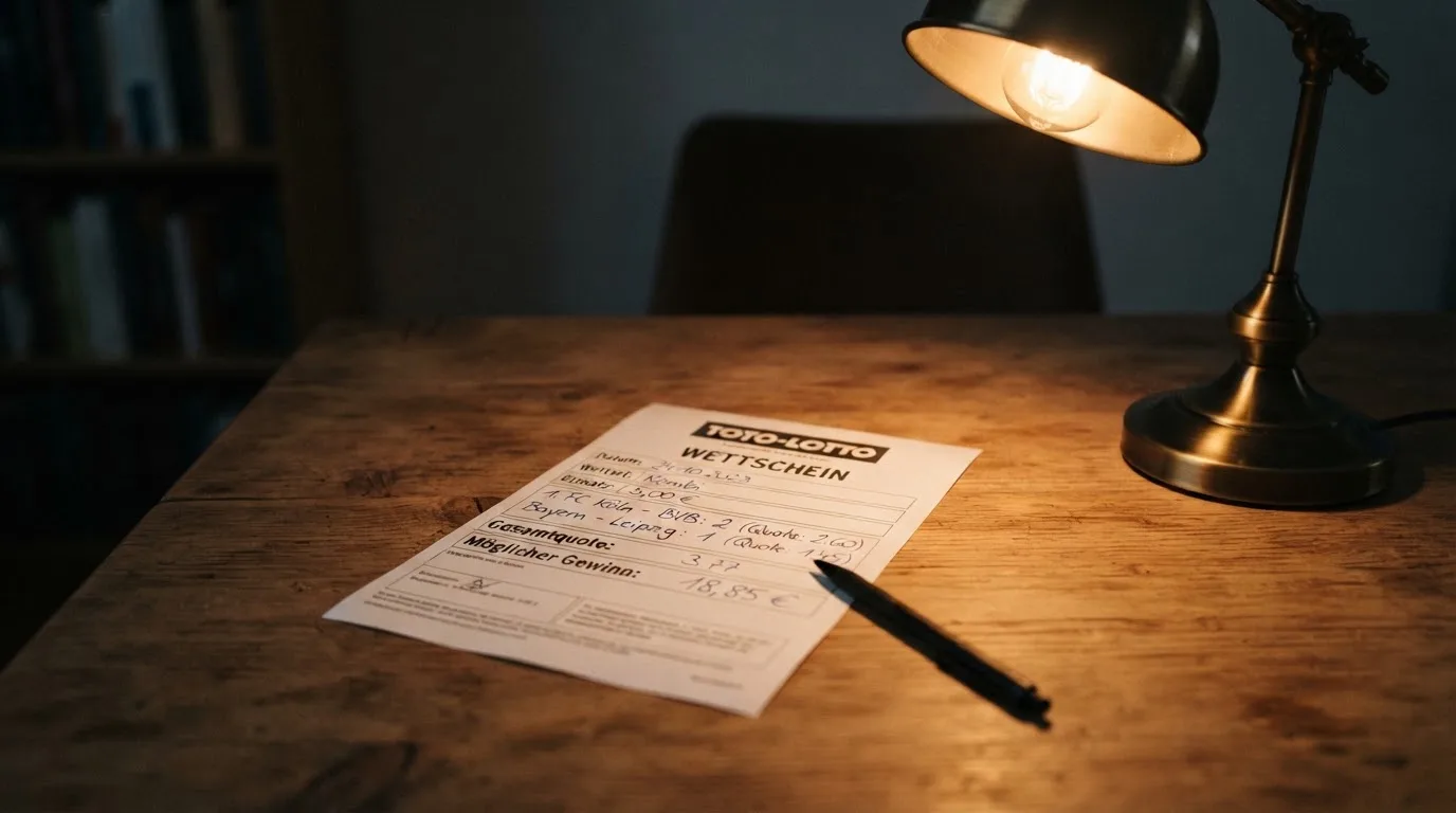 Ein leerer Wettschein aus Papier und ein Kugelschreiber liegen auf einer Tischplatte neben einer kleinen Tischlampe.