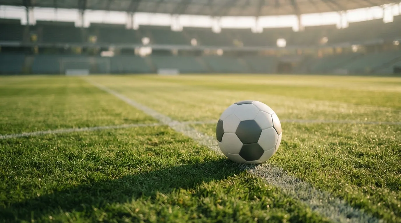 Ein Fußball liegt auf dem Anstoßkreis eines leeren Rasenplatzes im Licht der Morgensonne.